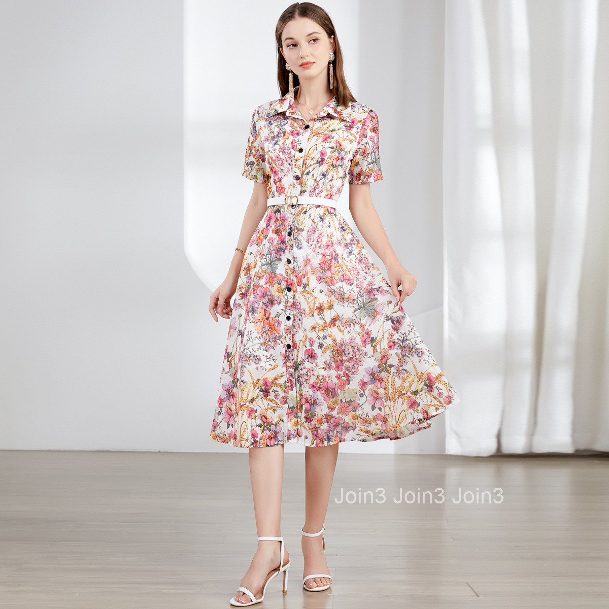 6849 Summer New Womens Printed Waist-Cinching Flared Collar Short Sleeve Dress (With Belt)