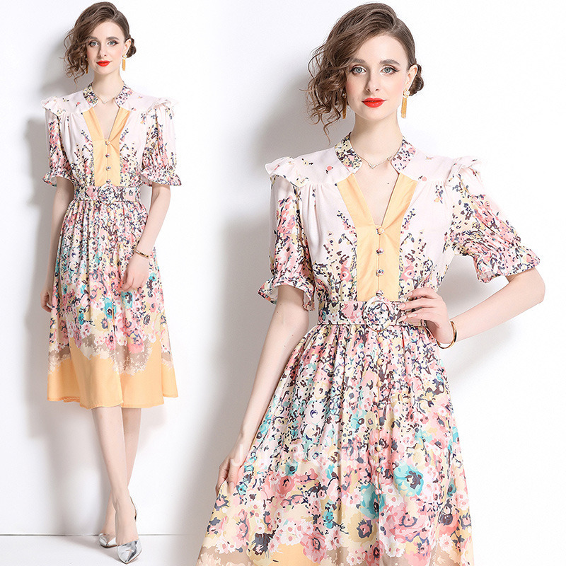 6060 Fashion Elegance Style Stand Collar Single-Breasted Printed Dress