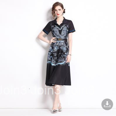 8538 summer new style lapel short sleeved mid to long cut waist slimming printed A-line dress