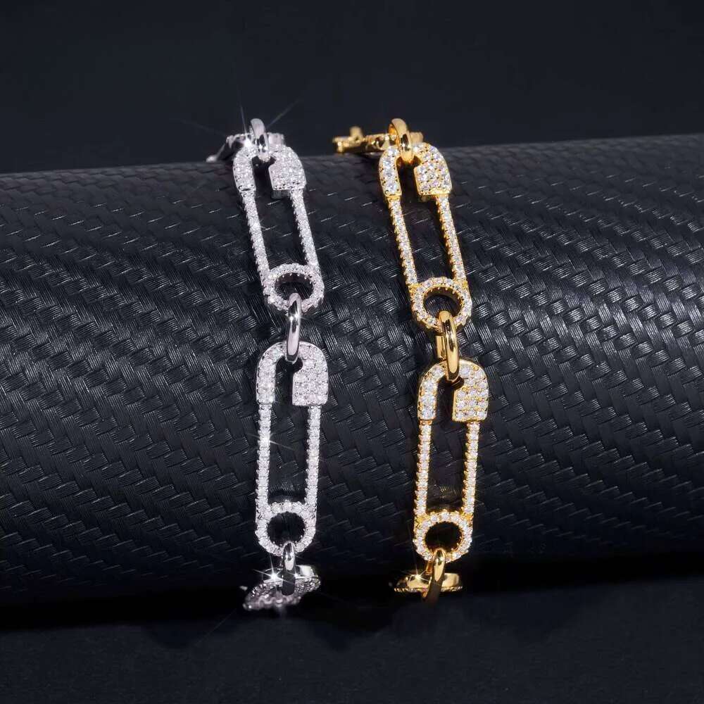 Hip Hop Jewelry Fashion Paper Clip Style Sier Gold Plated Iced Out Moissanite Tennis Bracelet Gifts