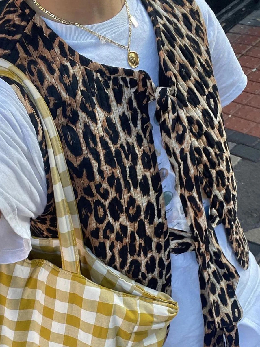 2024 Womens Leopard Print Waistcoat Bowknot Front Sleeveless VNeck Vest Casual Jacket Cardigan 250714