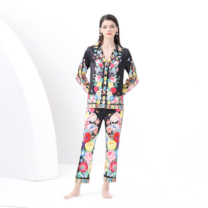 8822 Early Spring New Womens Casual Trimmed Pajama Set with Suit Collar Long Sleeve Long Pants Printed Two-Piece Set