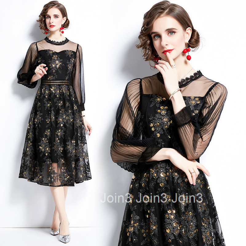 6515 Autumn New Womens Dress with Waist cinching and slimming temperament sequin embroidery round neck mesh A-line dress