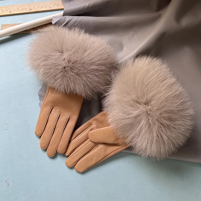 Womens Fox Fur Gloves Light Camel Ladies Genuine Leather Gloves Thin Lining Windproof Sheepskin Gloves Velvet Keep Warm 250717