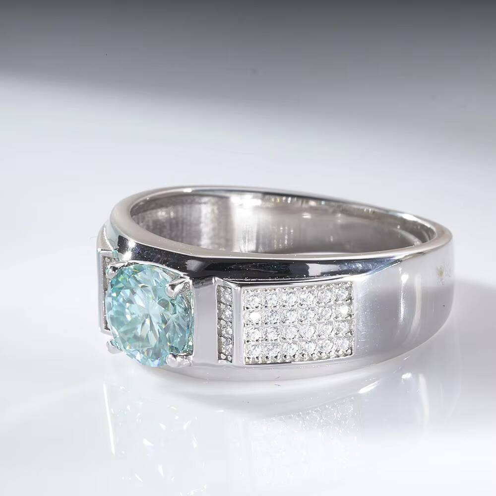 Custom Fine Jewelry S925 Sterling Silver Temperament 1Carat Blue Green Moissanite Ring for Men