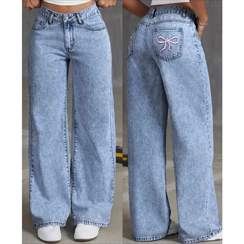 Denim Wide Leg Jeans High waisted Bow Embroidered Pocket Wide Leg Jeans Fashionable Womens Trousers Casual Style 250711