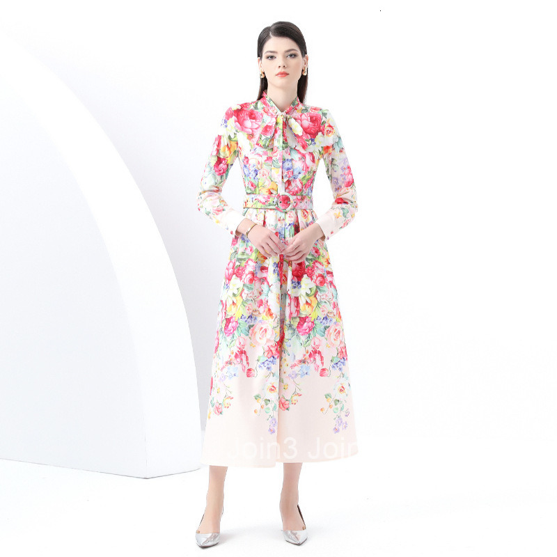 6046 early spring new womens clothing temperament style with ribbon collar lantern sleeves long skirt printed dress