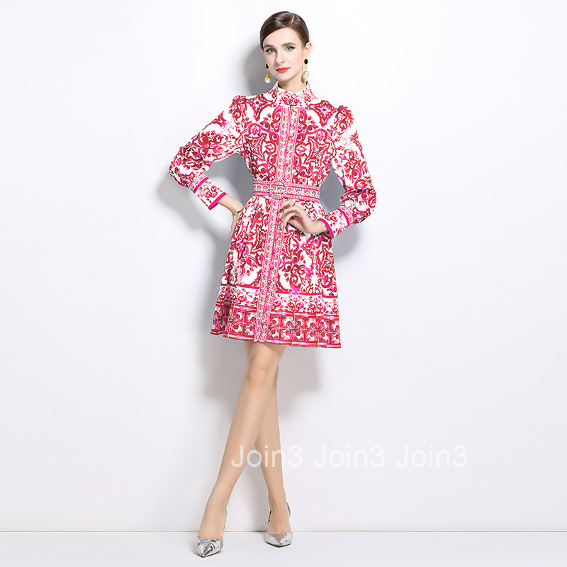 8769 Autumn New Womens Clothing Style Fashion Stand up Collar Blue and Red Flower Porcelain Printed Dress with Belt