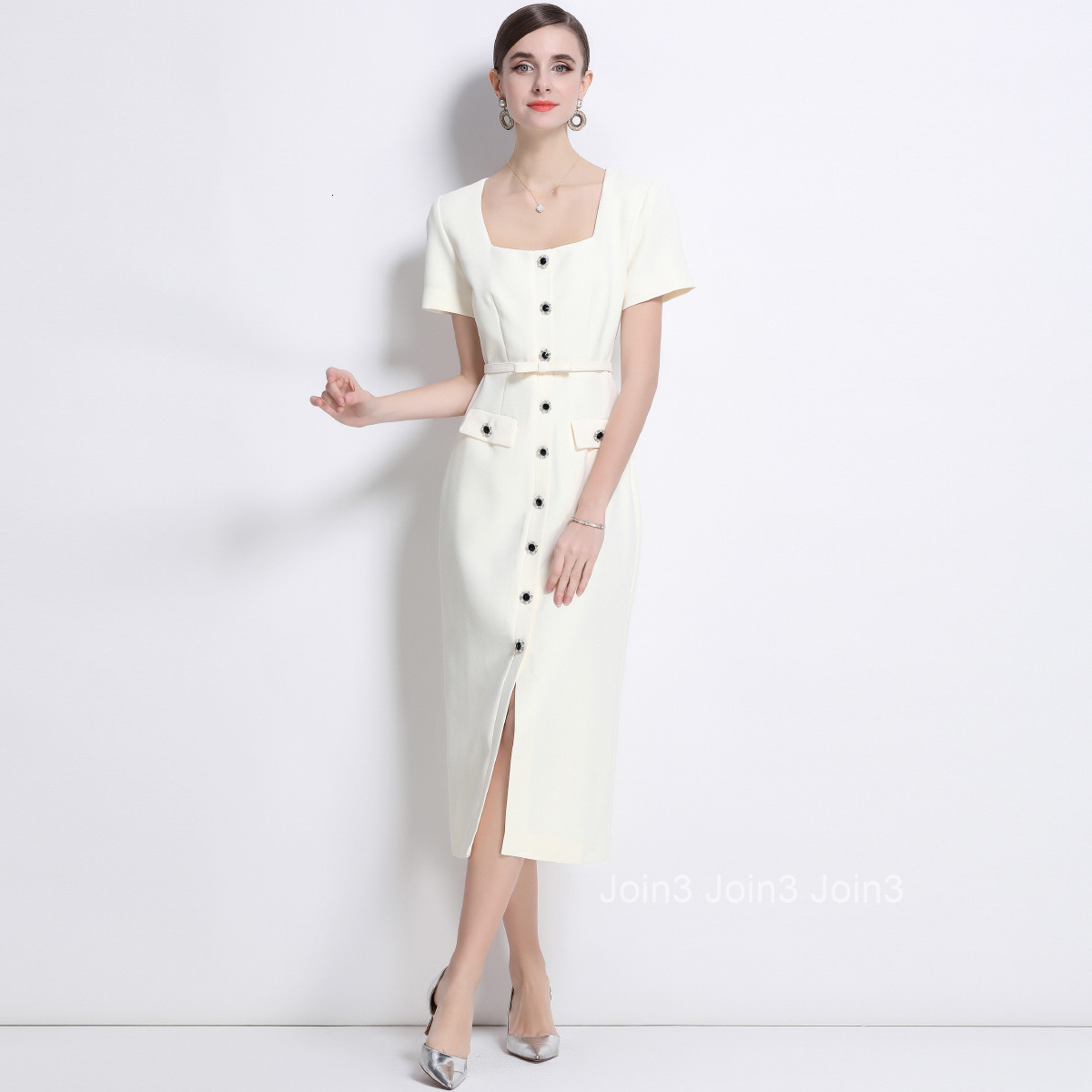 9614 Spring Summer New Womens Fashion Square Neck Short Sleeve Dress Slim Fit Dress with Belt