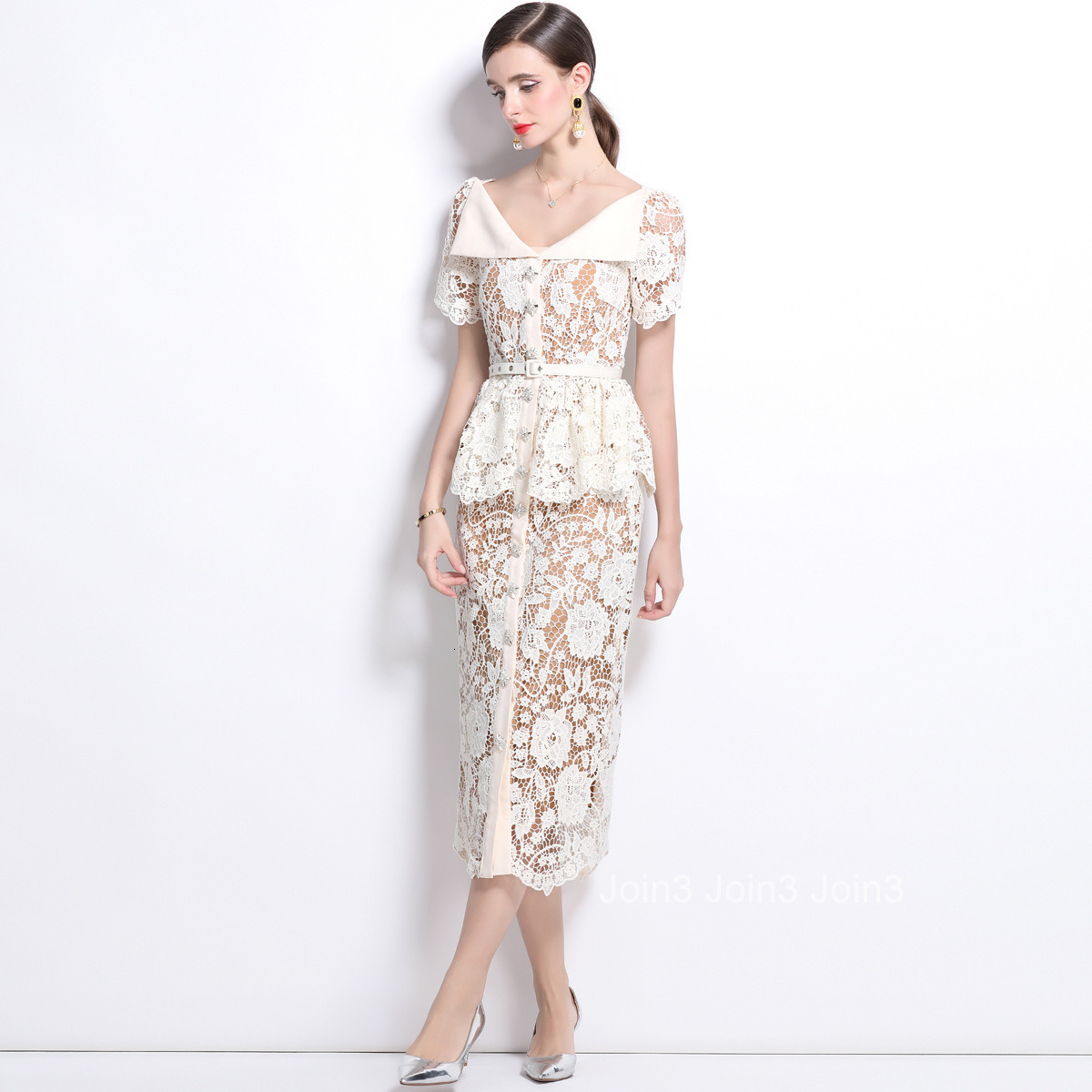 5849 Elegant Large Lapel Short Sleeve Lace Waist Slim Dress with Belt