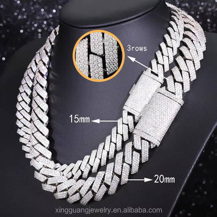 Factory Wholesale Custom 20mm 3 Rows Vvs Moissanite Cuban Link Chain Bracelet 925 Silver Men Hip Hop Cuban Chain Necklace