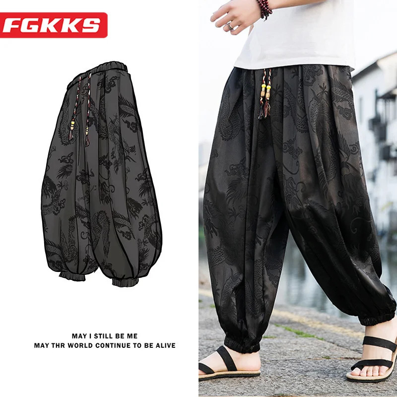 FGKKS Outdoor Pants For Men Lce Silk Dragon Dark Flower Loose Bloomers High Quality Wide Leg Casual Trousers Male 250717