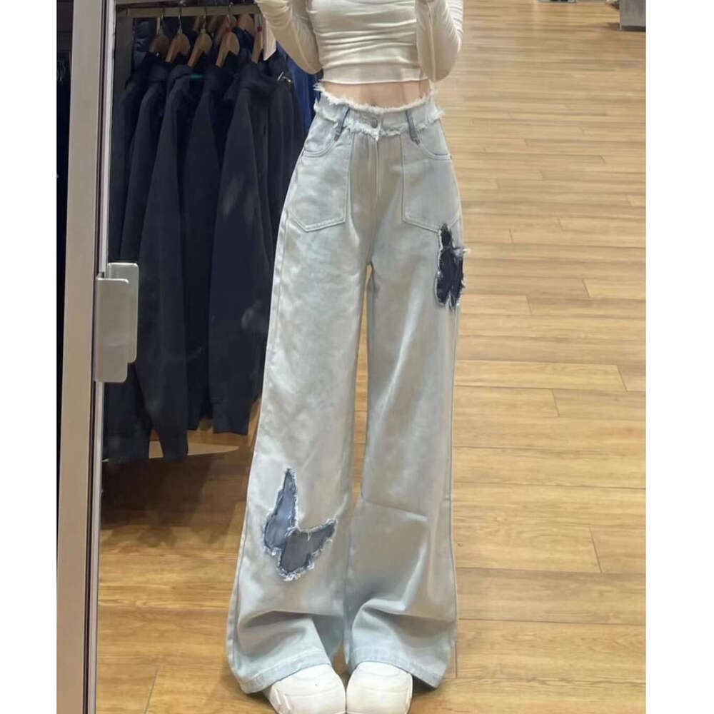 Light Blue Frayed Butterfly Straight Jeans for Women, Autumn New Embroidered Design, High Waist, Loose Fit, Slimming Wide Leg Pants