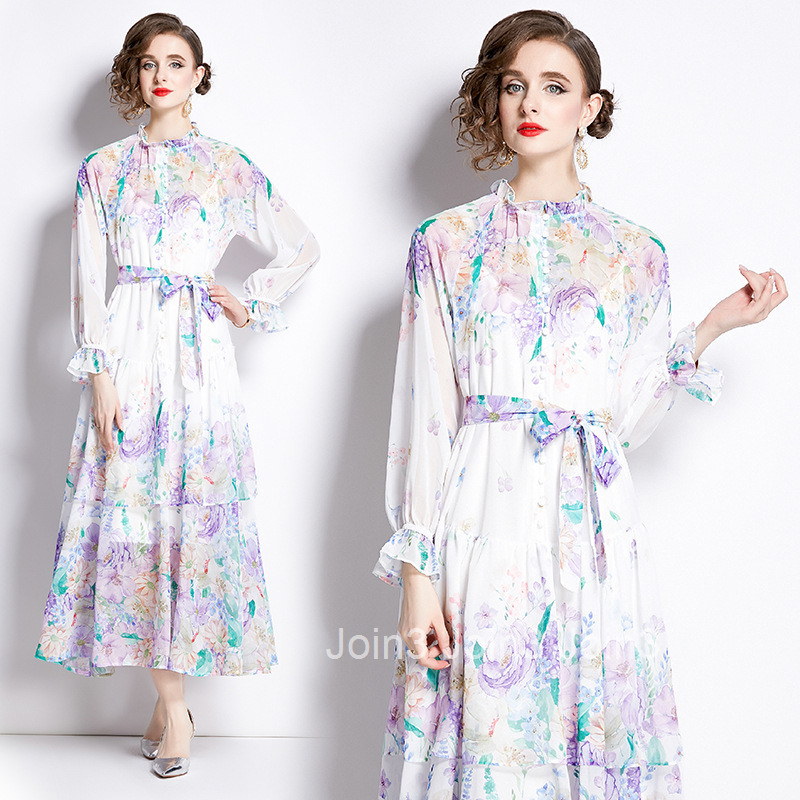 2492 Spring Summer New Womens Fashion Elegant Long Sleeve Ruffled Floral Colorful Waist-Cinching Cake Long Dress