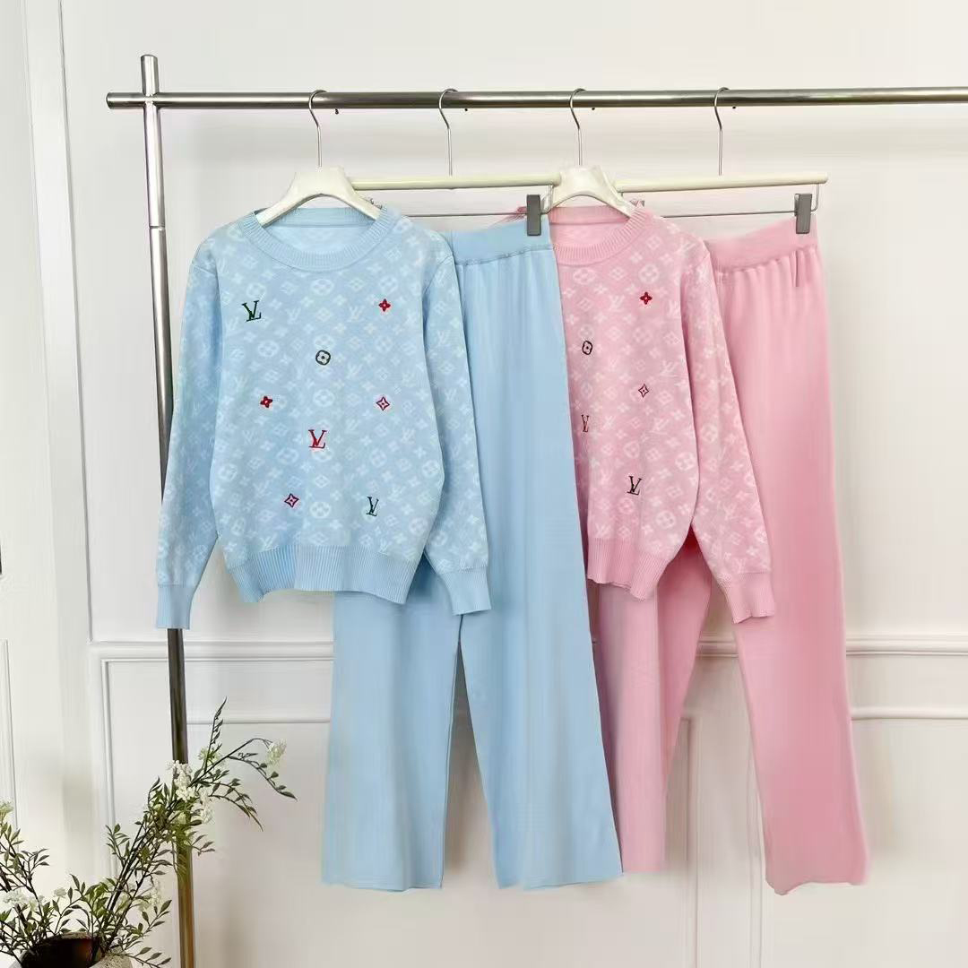 2025 Summer New Fashion Joker Letter Embroidered Knitwear Explosions T-shirt Wide-leg Pants Two-piece Set S-2XL