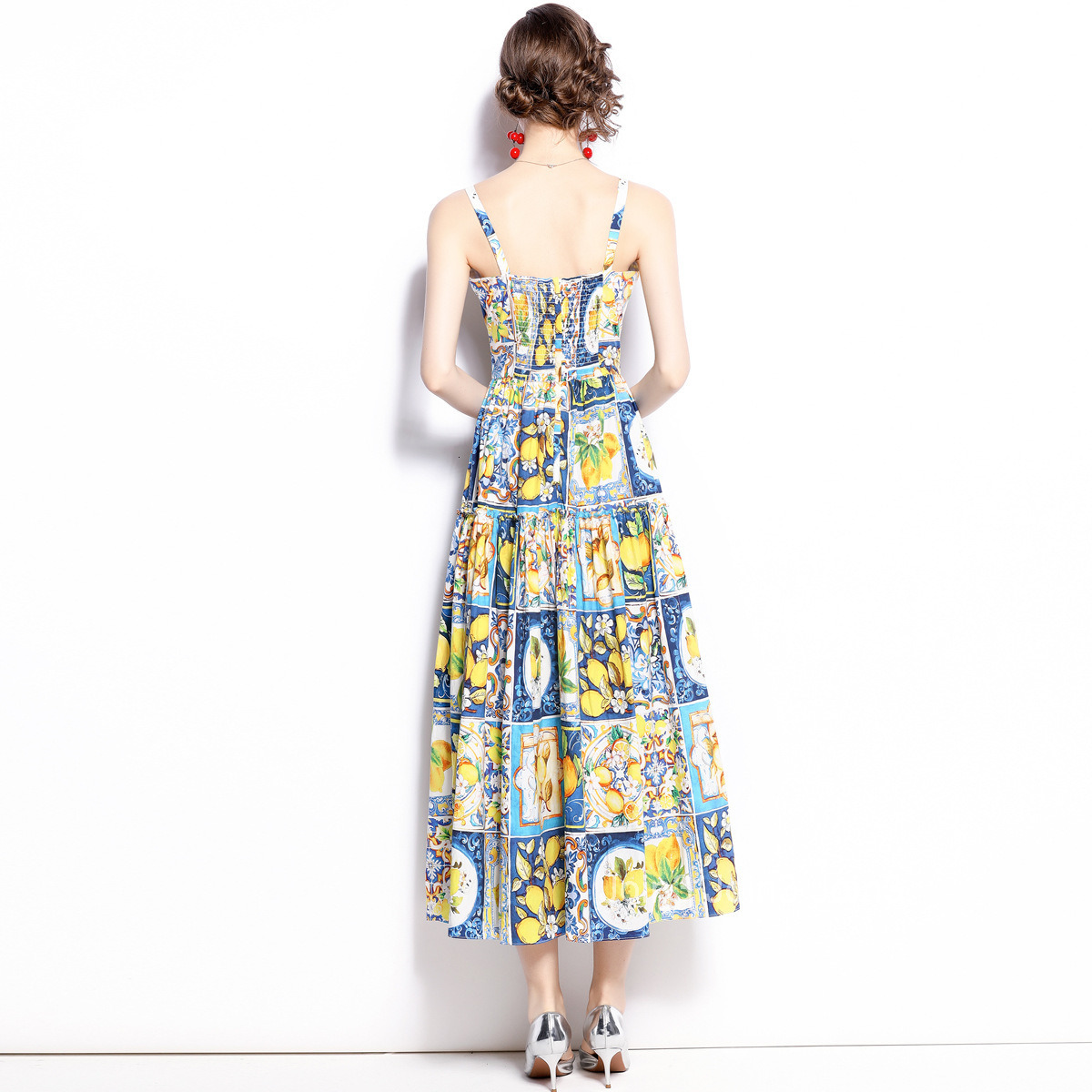 8905 Summer New Womens Lemon Blue and White Porcelain Print Bow Waist Slimming Strap Dress
