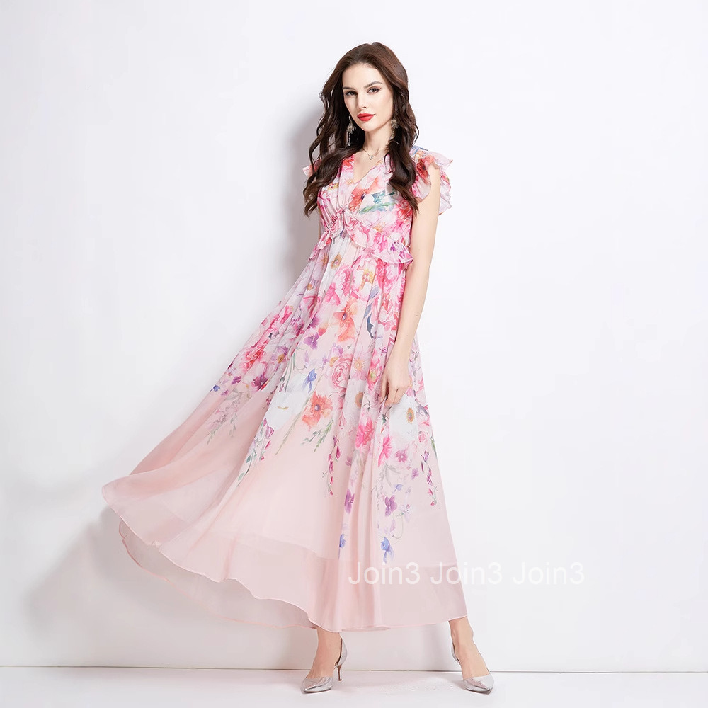 2711 Spring New Floral Small Flutter Sleeve Long Dress