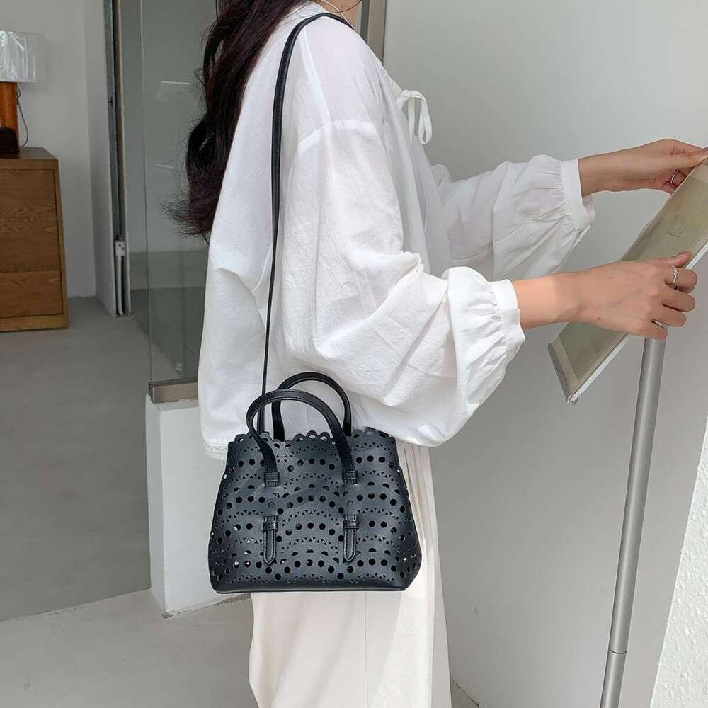 New Wave Hollow Carved Flower Basket for Women, Niche Single Shoulder Crossbody Small Bag, Solid Color PU Leather Handheld Tote Bag