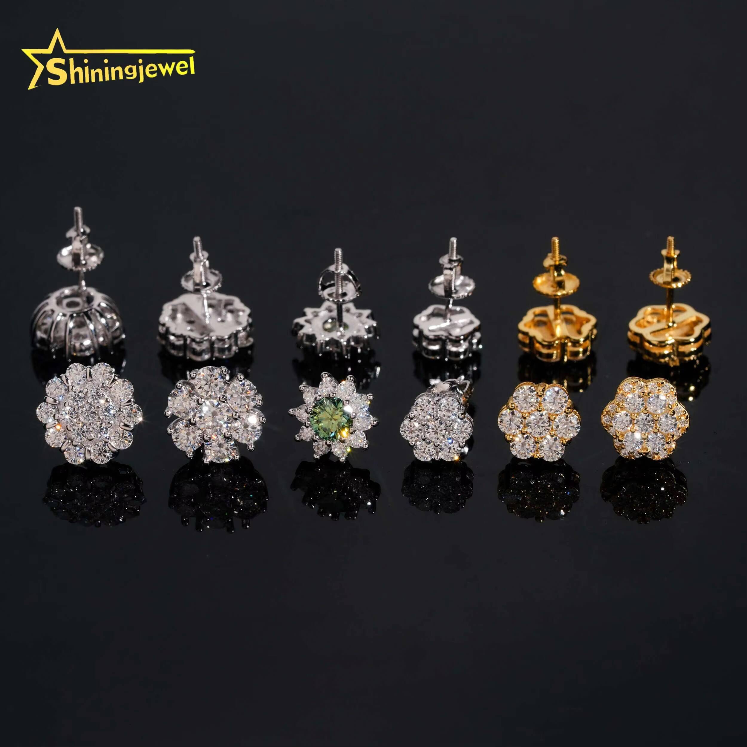 Hot Selling Hip Hop Flower Moissanite Earrings Screw Back Fine Jewelry Men Women Stud Earrings Moissanite 925 Sterling Silver