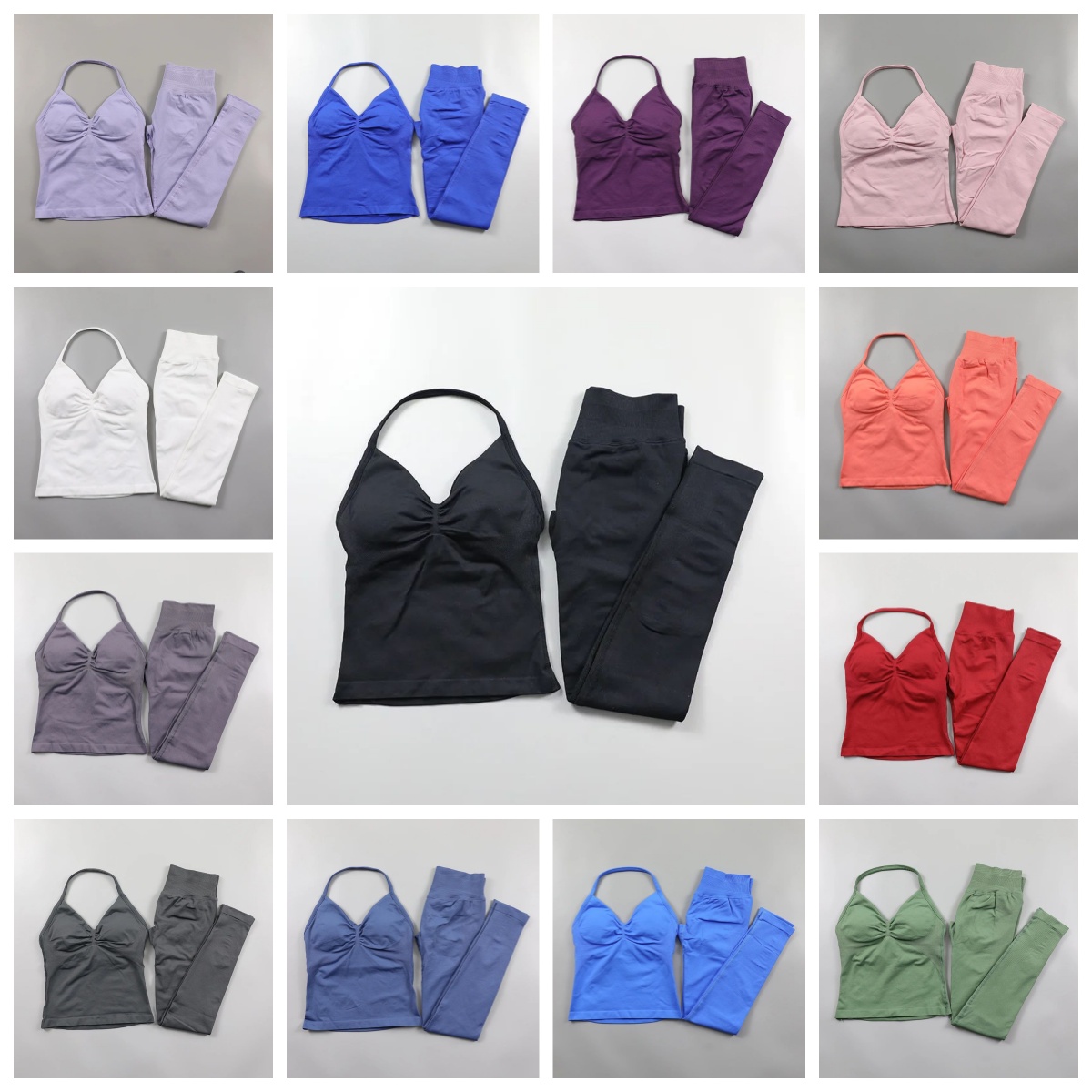 Womens Impact Longline Strappy Top Vest and Leggings Padded High Waist Scrunch Seamless Yoga Leggings Fitness Clothes Workout Sets Gym Suit Activewear Gym Set