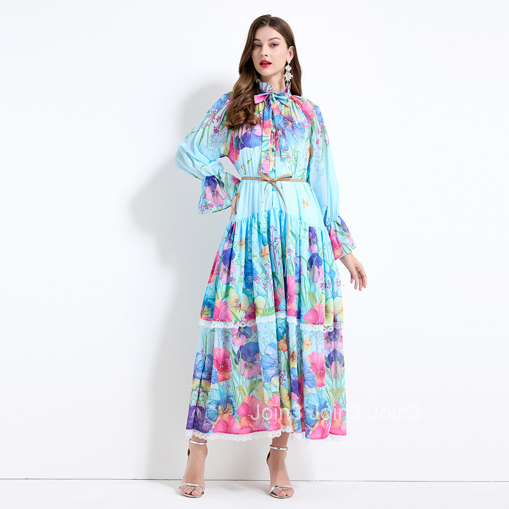 2174 Spring New Womens Clothing Vacation Style Lace Cake Dress Floral Print Waist-Cinching Long Dress - Two-Piece Set