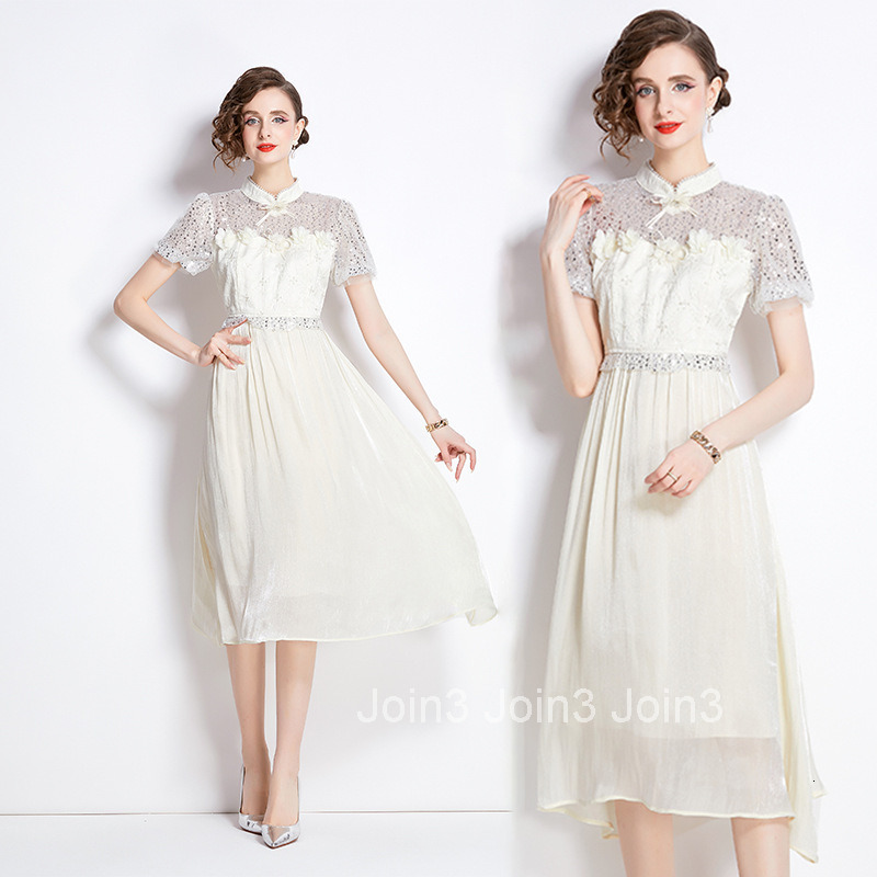 8016 Summer New Womens Fashionable Mesh Sequin Waist Slimming Long Dress