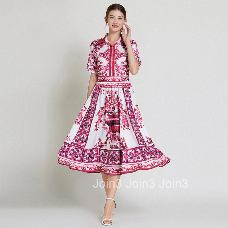 8523 Summer New Womens Fashion Printed Elegant Turn-Down Collar Short Sleeve Flared Mid-Length Dress