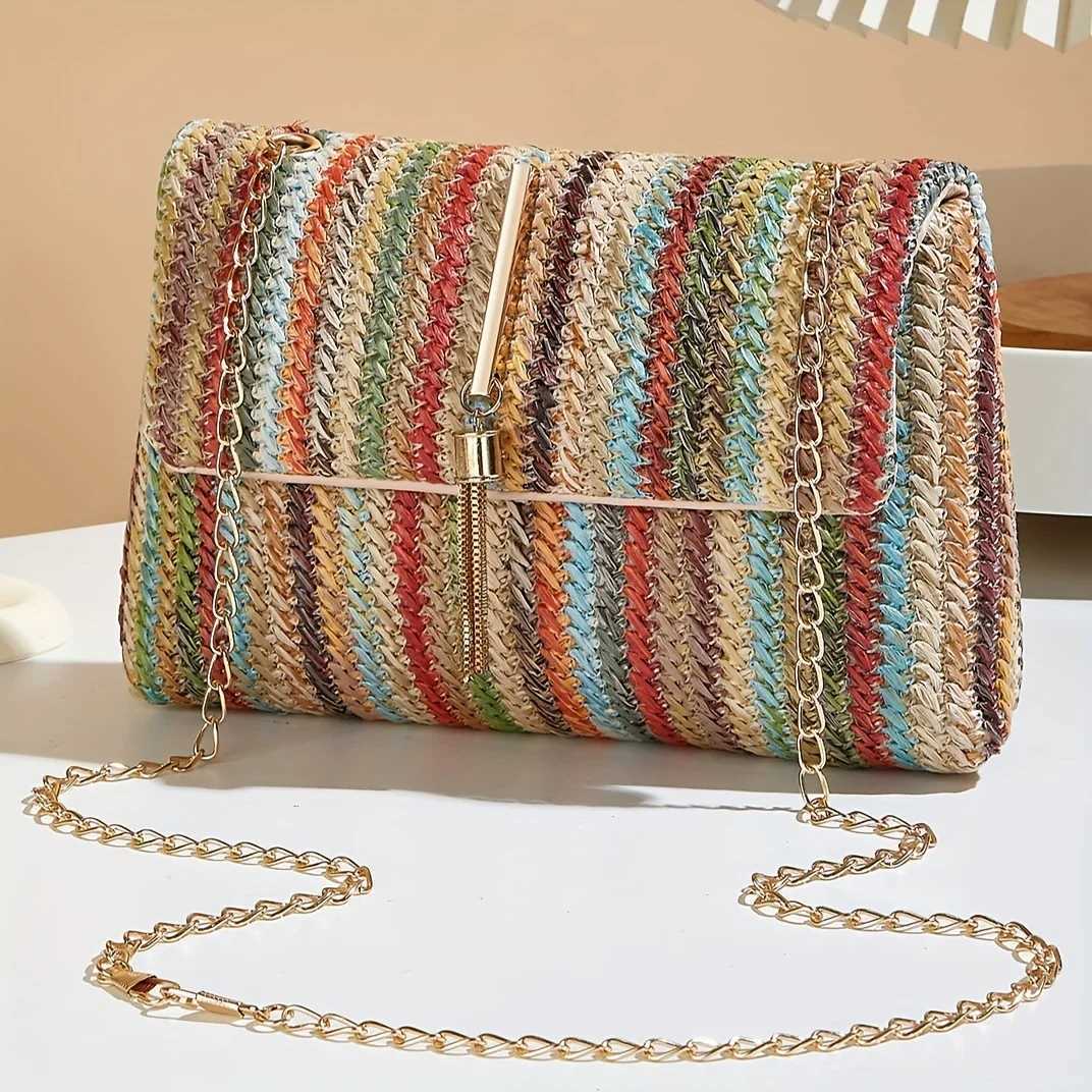 Chic Rainbow Stripe Straw Crossbody Bag for Women Adjustable Shoulder Strap Magnetic Closure Tassel Accent Fashion Square Purse Y250719