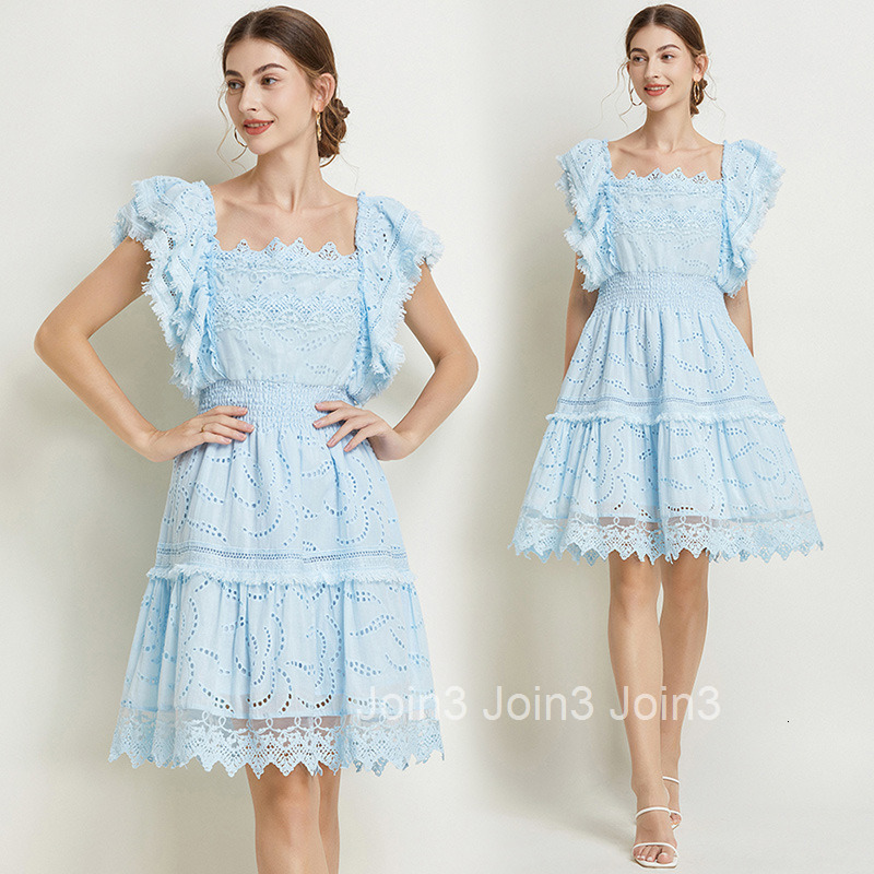 7701 Summer New Womens Fashion Elegant Solid Color Flutter Sleeve Square Neck Fashion Lace Trim Dress
