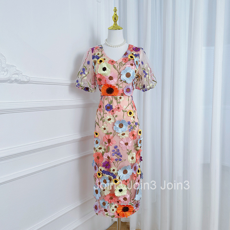 607 Heavy Embroidery Colorful Handmade Floral Collar Slit Bodycon Dress