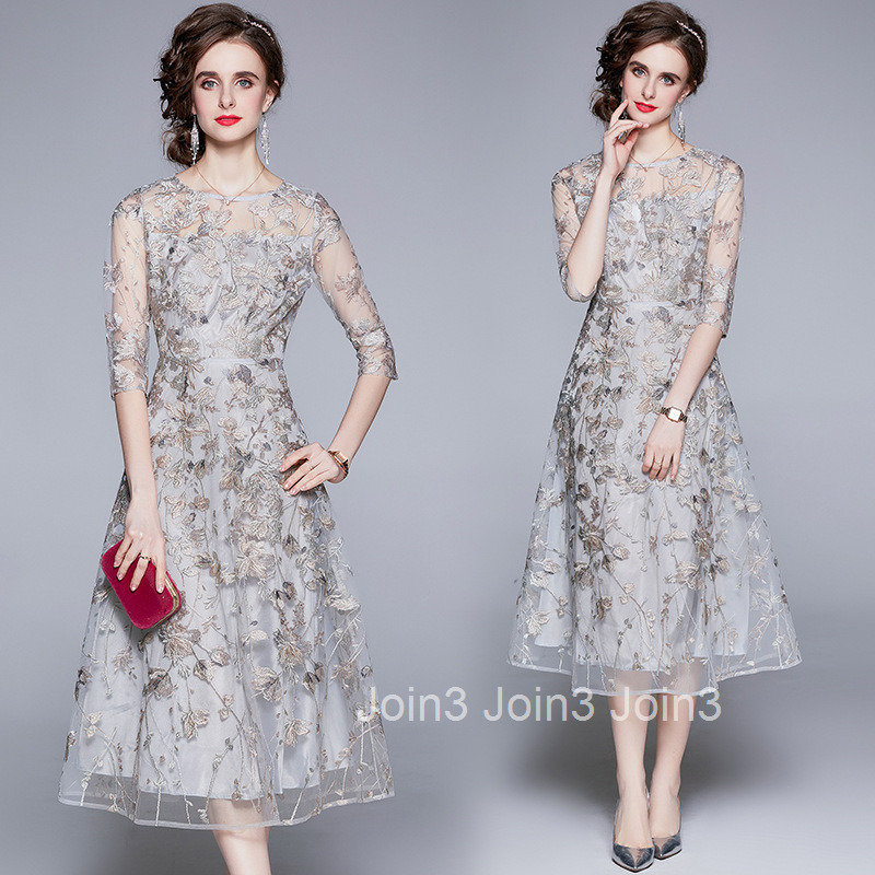6805 Spring/Summer Womens Elegant Dress Mesh Embroidered Banquet Dress Round Neck Seven Sleeve Long Dress