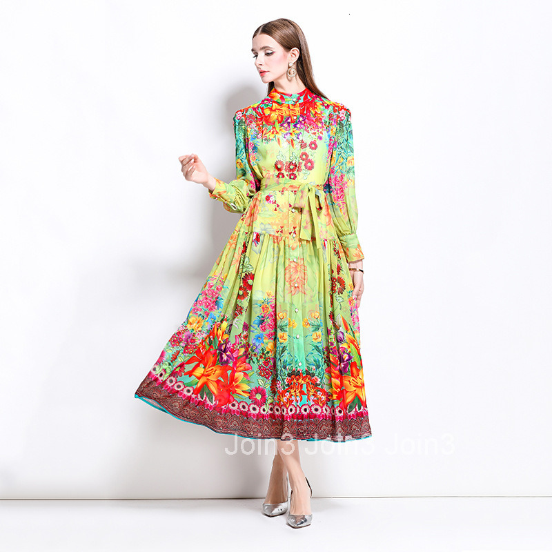 1247 Spring Summer New Chiffon Stand Collar Lantern Sleeve Printed Long Dress