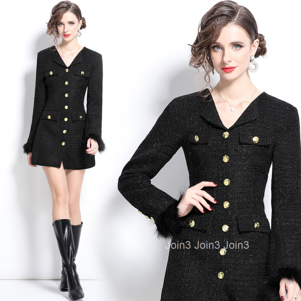 5854 Spring and Autumn new womens black suit dress with temperament plush cuffs slim fit short skirt
