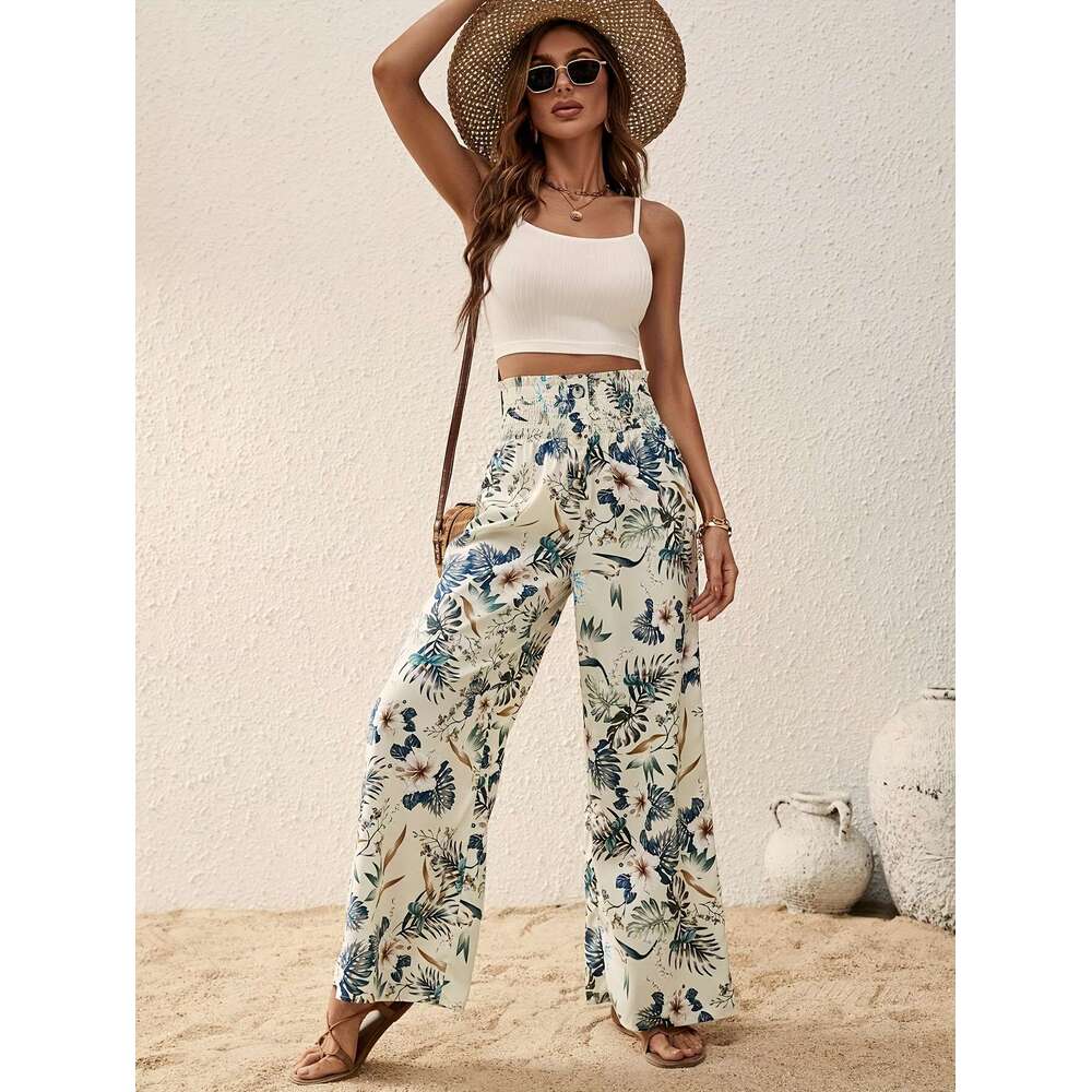 Cross-Border Spring European and American Women's New Fashion Long Printed Casual Elegant High Waist Gathered Straight Wide-Leg Pants