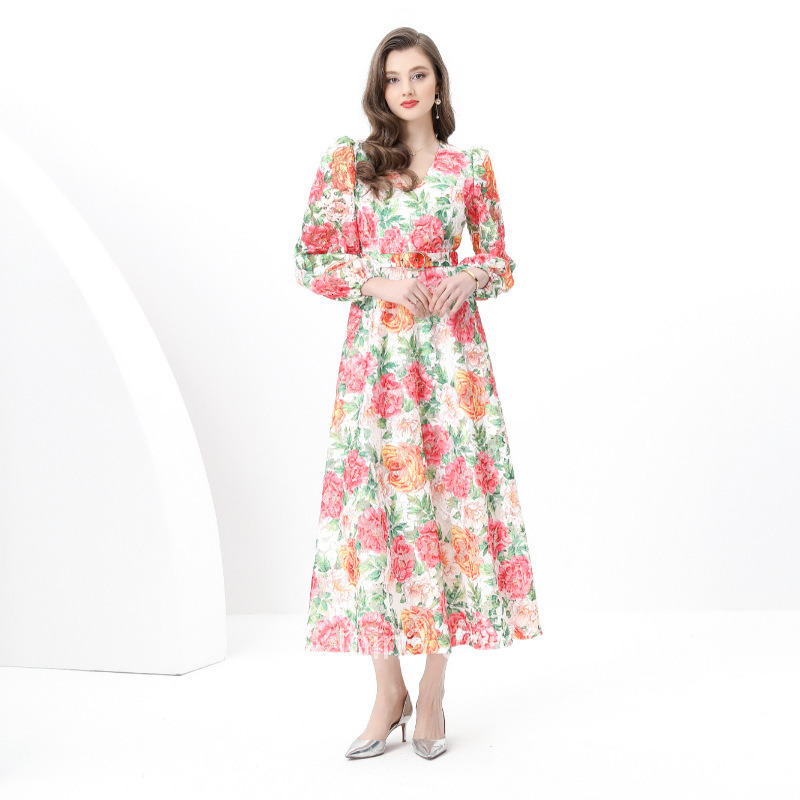 8878 Early Spring New Womens Fashion Elegant V-neck Lantern Sleeve Slim Long Dress Printed Dress