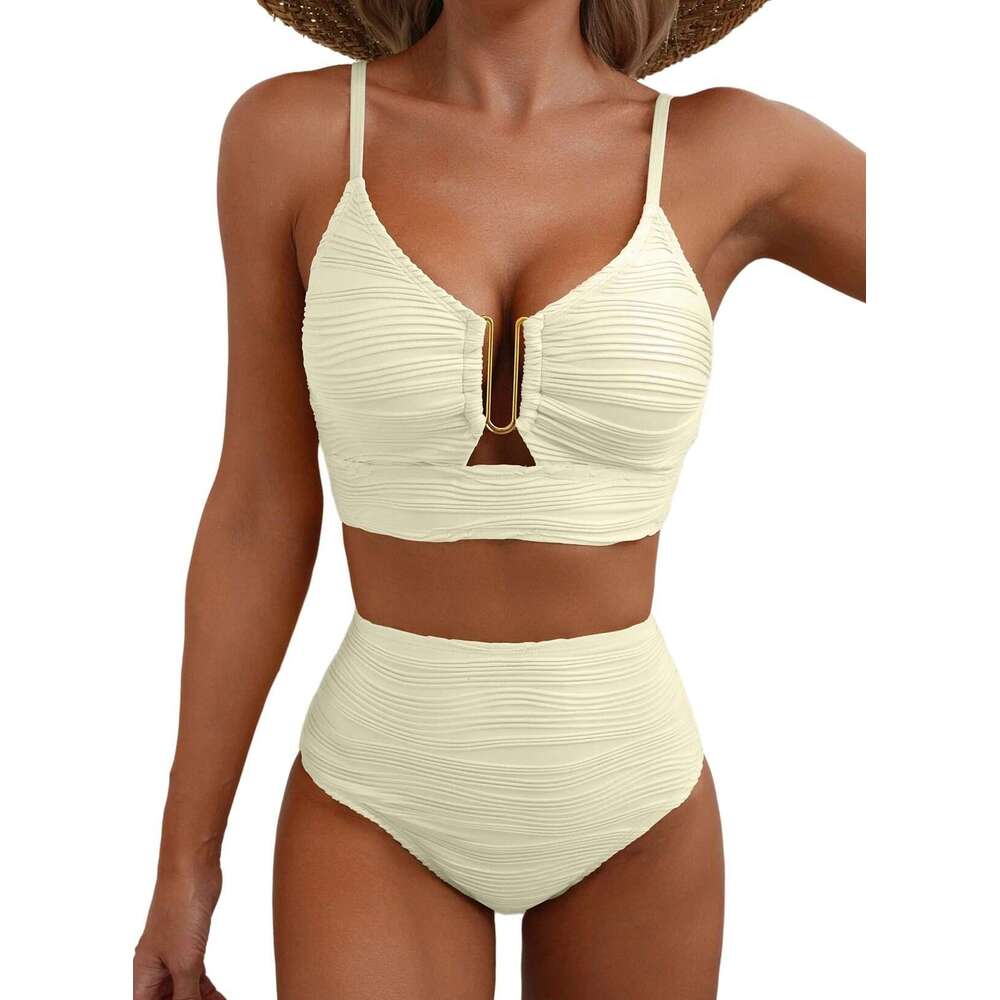 2025 New V-neck Hollow Out High Waist Textured Ruched Swimsuit Women Bikini