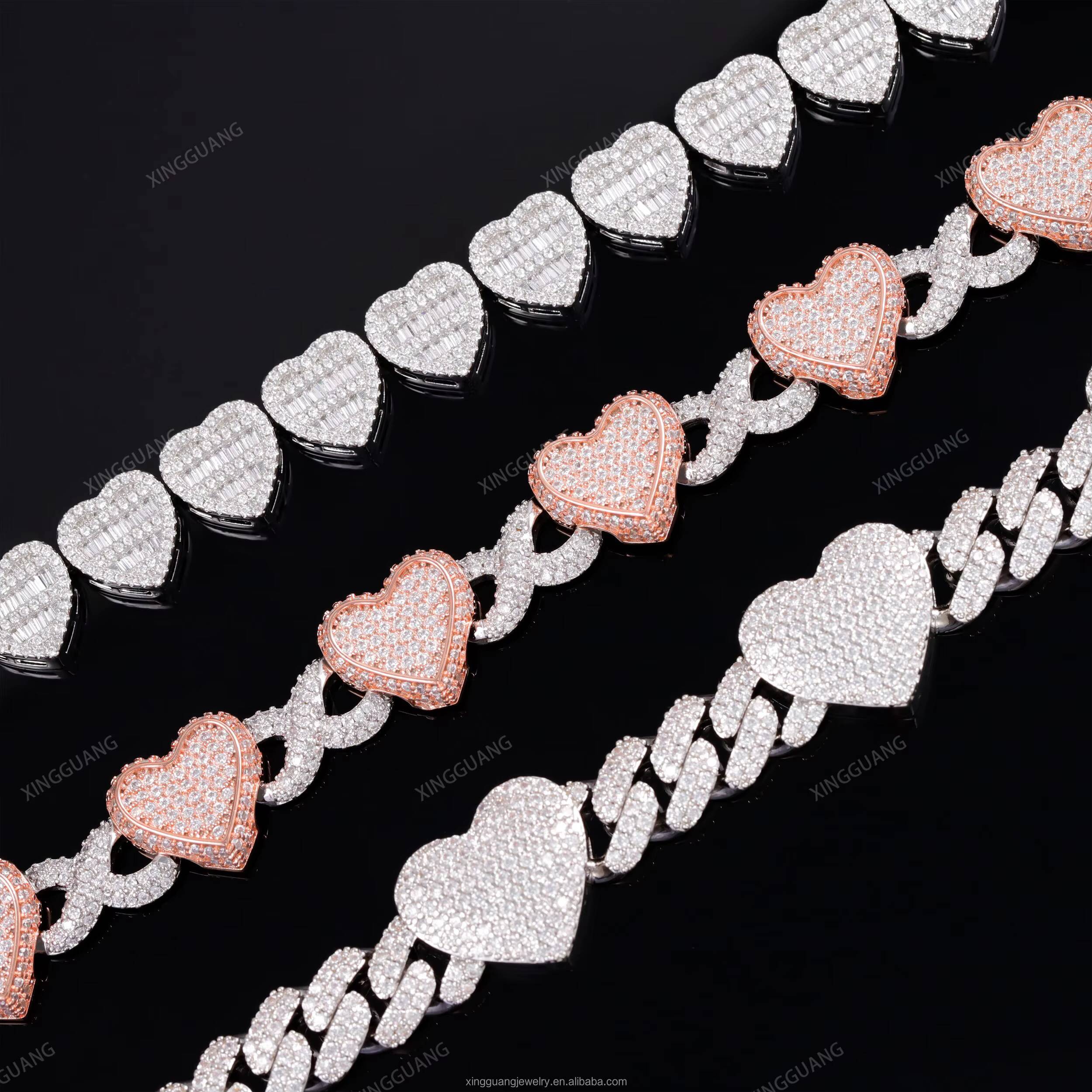 Heart Shape 925 Silver Diamond Cuban Link Chain Necklace Iced Out Hip Hop VVS Moissanite Cuban Chain for Man