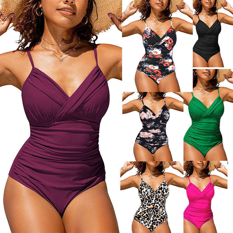 2023 Swimsuit Sexy Solid Color Cross Ruched Tight One-Piece Bikini Swimwear