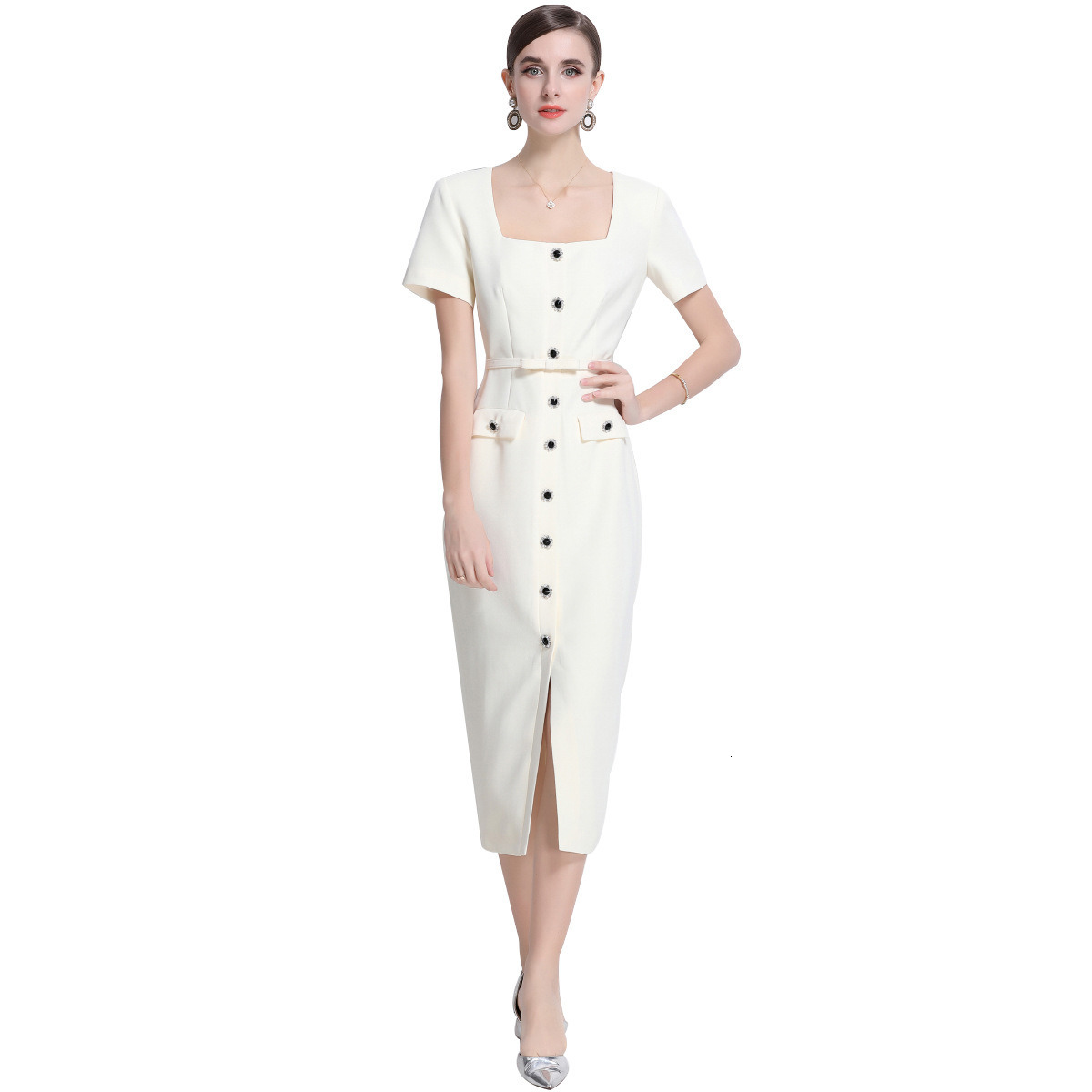9614 Spring Summer New Womens Fashion Square Neck Short Sleeve Dress Slim Fit Dress with Belt