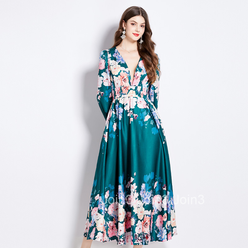 2526 Spring and Autumn New Womens Clothing Elegance Style Dress Elegant V-neck Waist-cinching Slimming Flared Dress