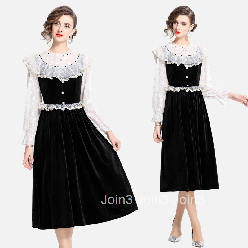 8039 Autumn/Winter New Womens Lace Edge Black Velvet Dress with Sweet Waist and Trumpet Sleeve Skirt