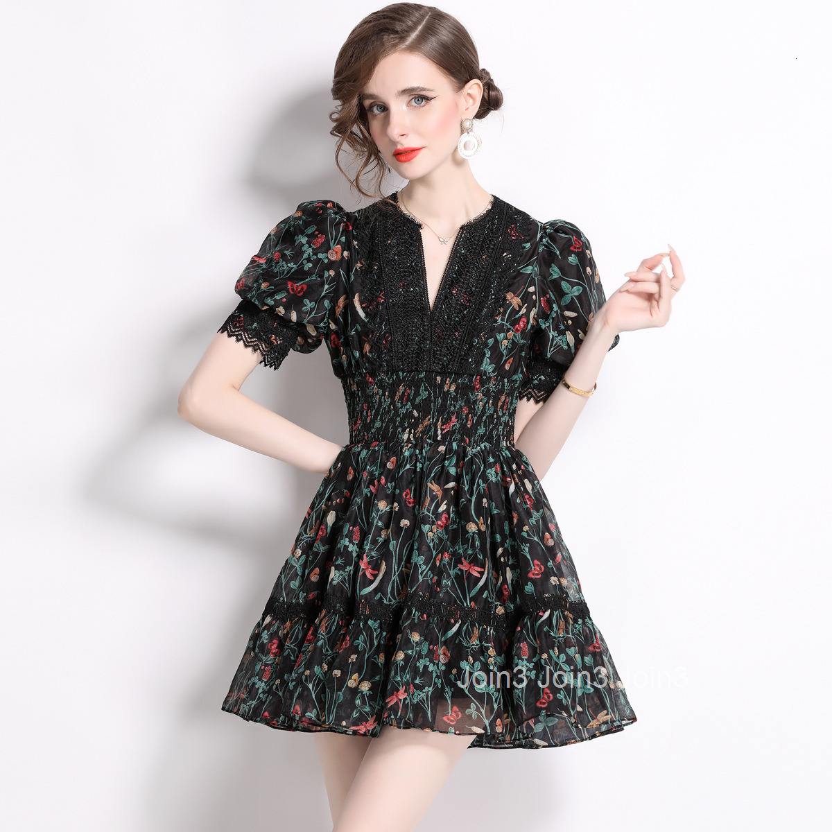 6873 Summer New Womens Fashion Elegant Printed Dress V-neck Lace Waist Slimming Short Dress