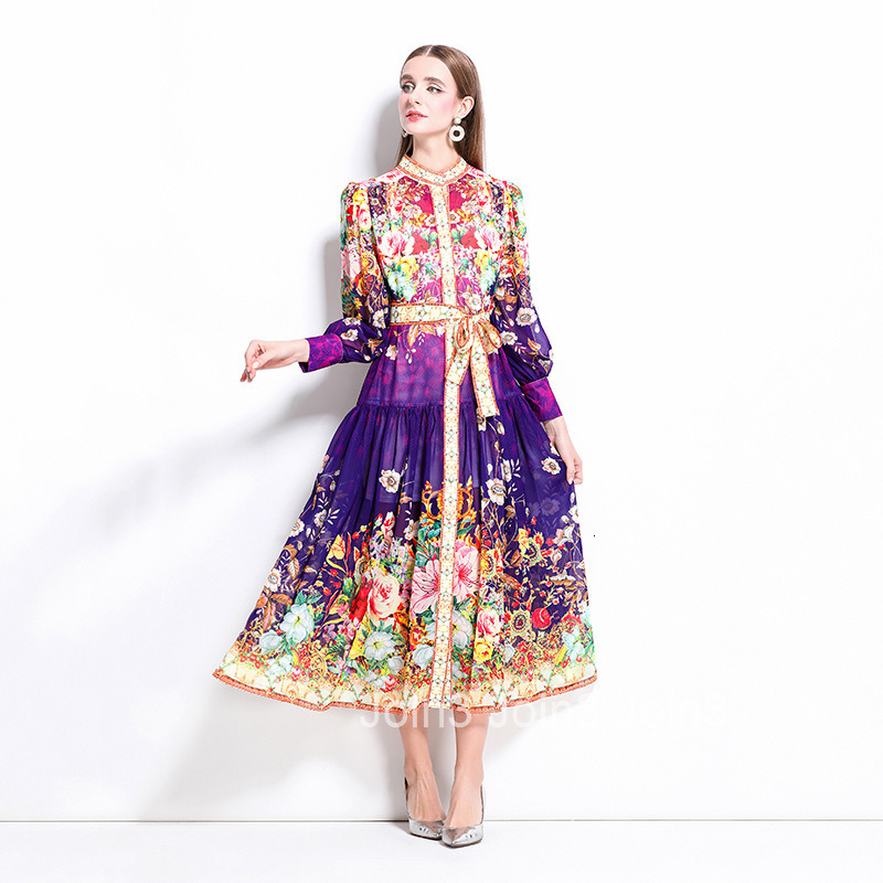 1249 Spring Summer New Chiffon Stand Collar Lantern Sleeve Printed Long Dress