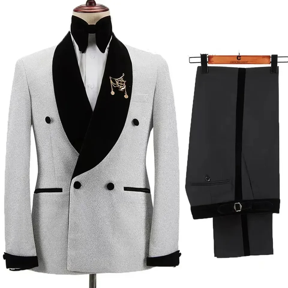 Men Suits 2 Pieces Shining Jacket With Black Pants Set Velvet Shawl Collar Wedding Groom Tuxedos Double Breasted Dress Costumes 250717