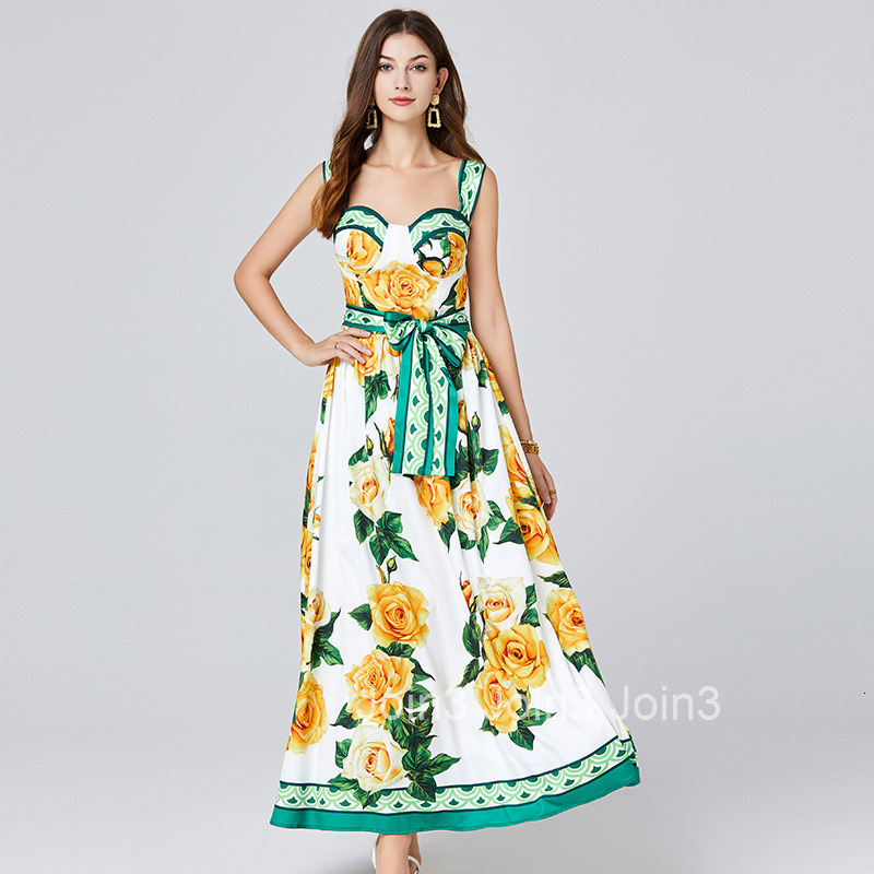 697 Summer New Womens Fashion Elegant Printed Strap Long Dress Slim Fit High Waist Flared Dress