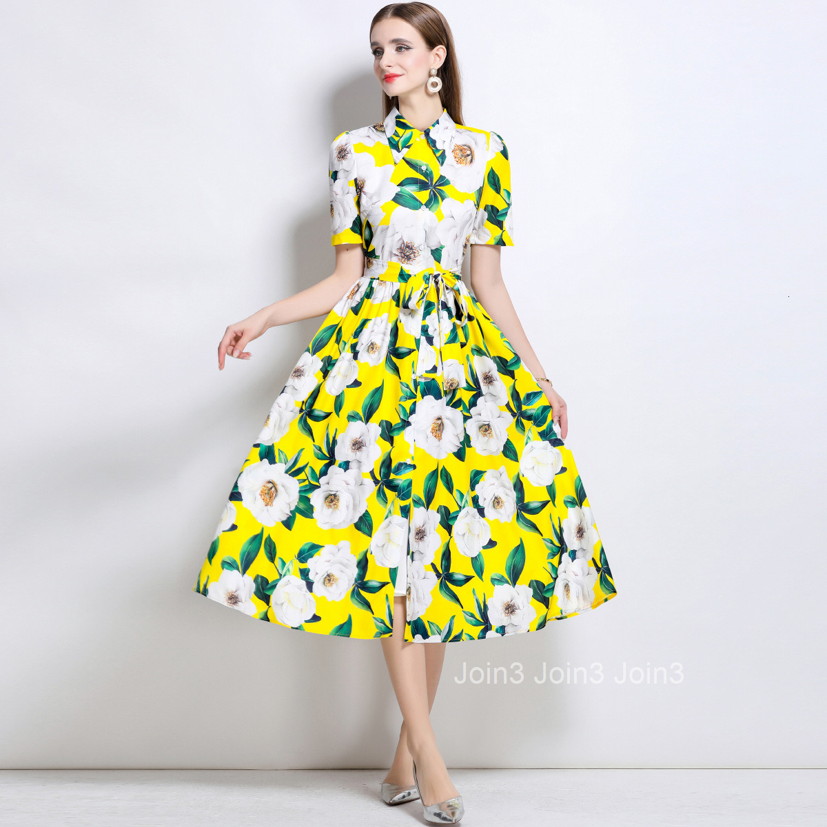 6838 Summer New Womens Clothing Style Collar Short Sleeve Waist for slimming Printed Long Dress