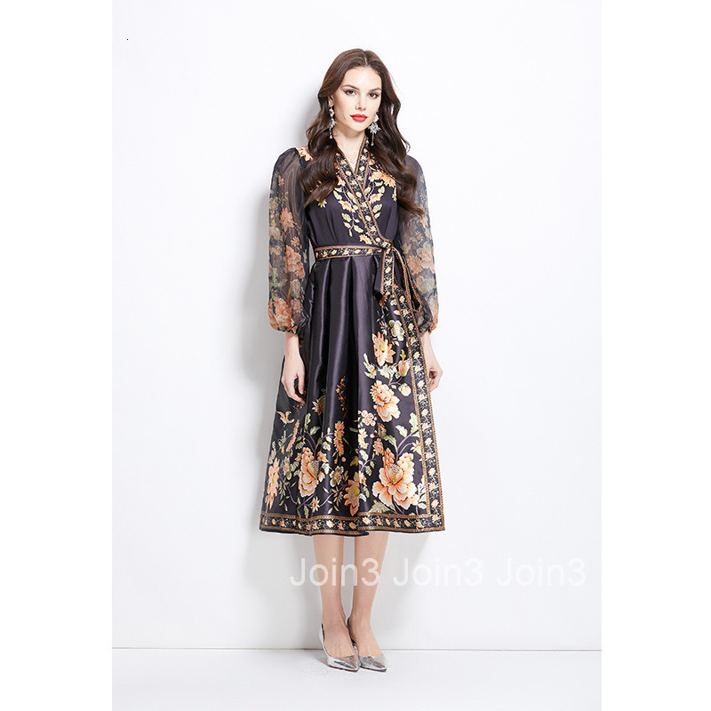 2724 Spring New Style Collar Ethnic Print Satin Wrap Long Dress