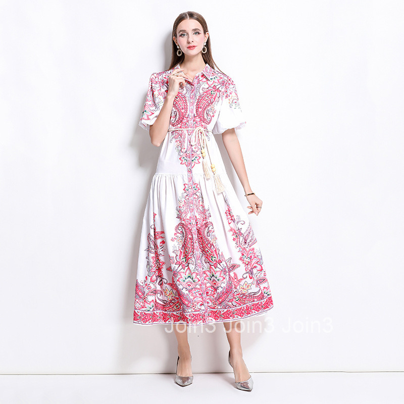 1245 Spring and Summer New Cotton and Linen Lapel Lantern Sleeve Printed Dress Long Dress