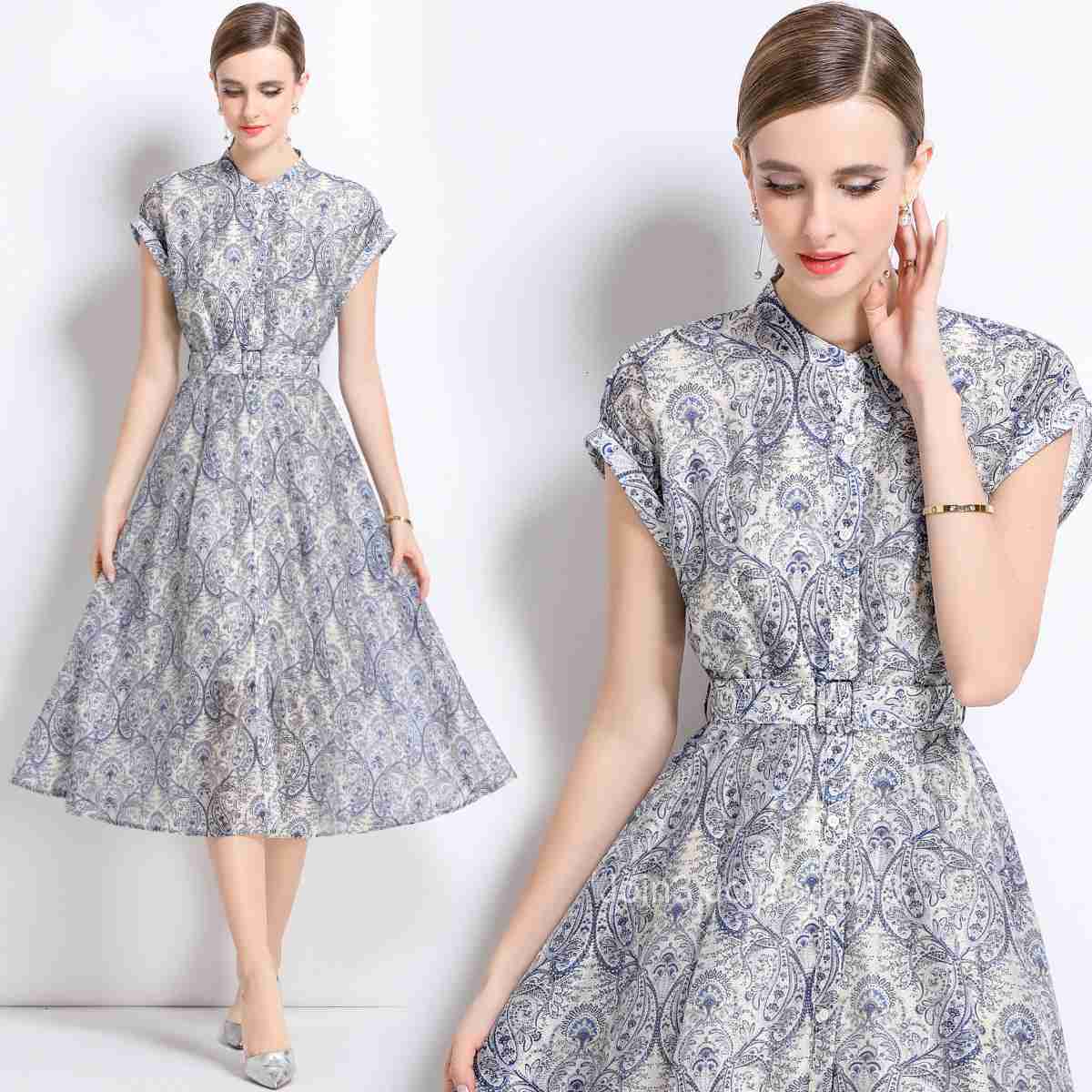 5880 Waist-Cinching Shirt Linen Dress for Women 2025 Summer New Elegant Printed Mid-Length Dress with Lining