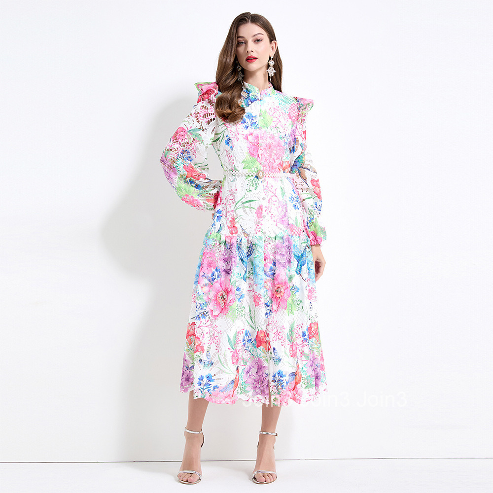 2148 Spring New Womens Stand Collar Floral Print Water-Soluble Long Waist-Cinching Lace Dress
